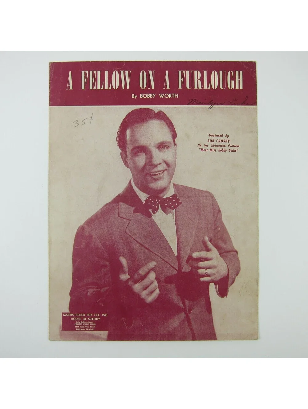 Sheet Music A Fellow On A Furlough Bobby Worth Bob Crosby Cover Vintage 1943